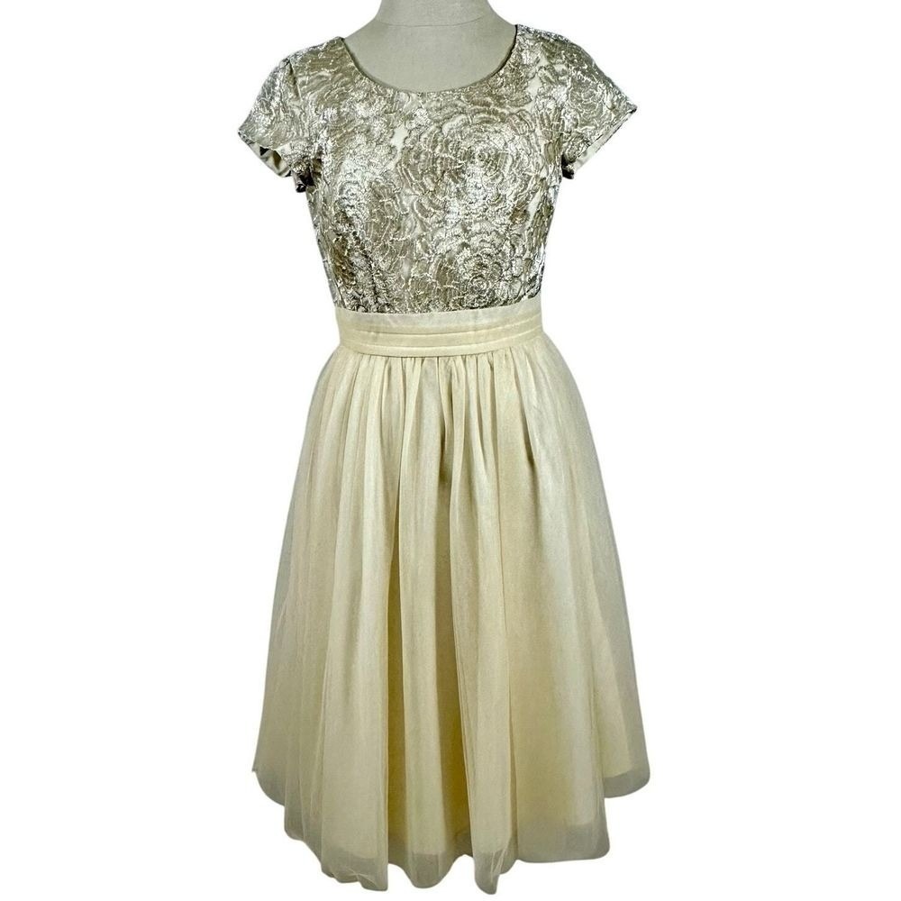 Downeast Womens Gold Metallic Floral Embroidered Tulle Fit & Flare Dress Size 4